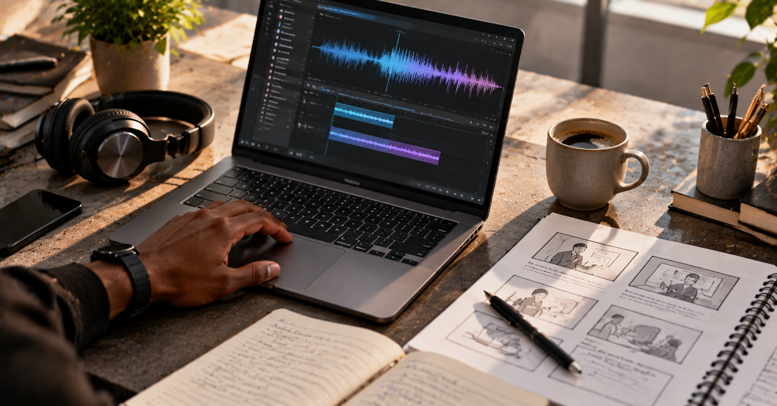 Overhead view of a laptop with an audio waveform, storyboard and coffee mug
