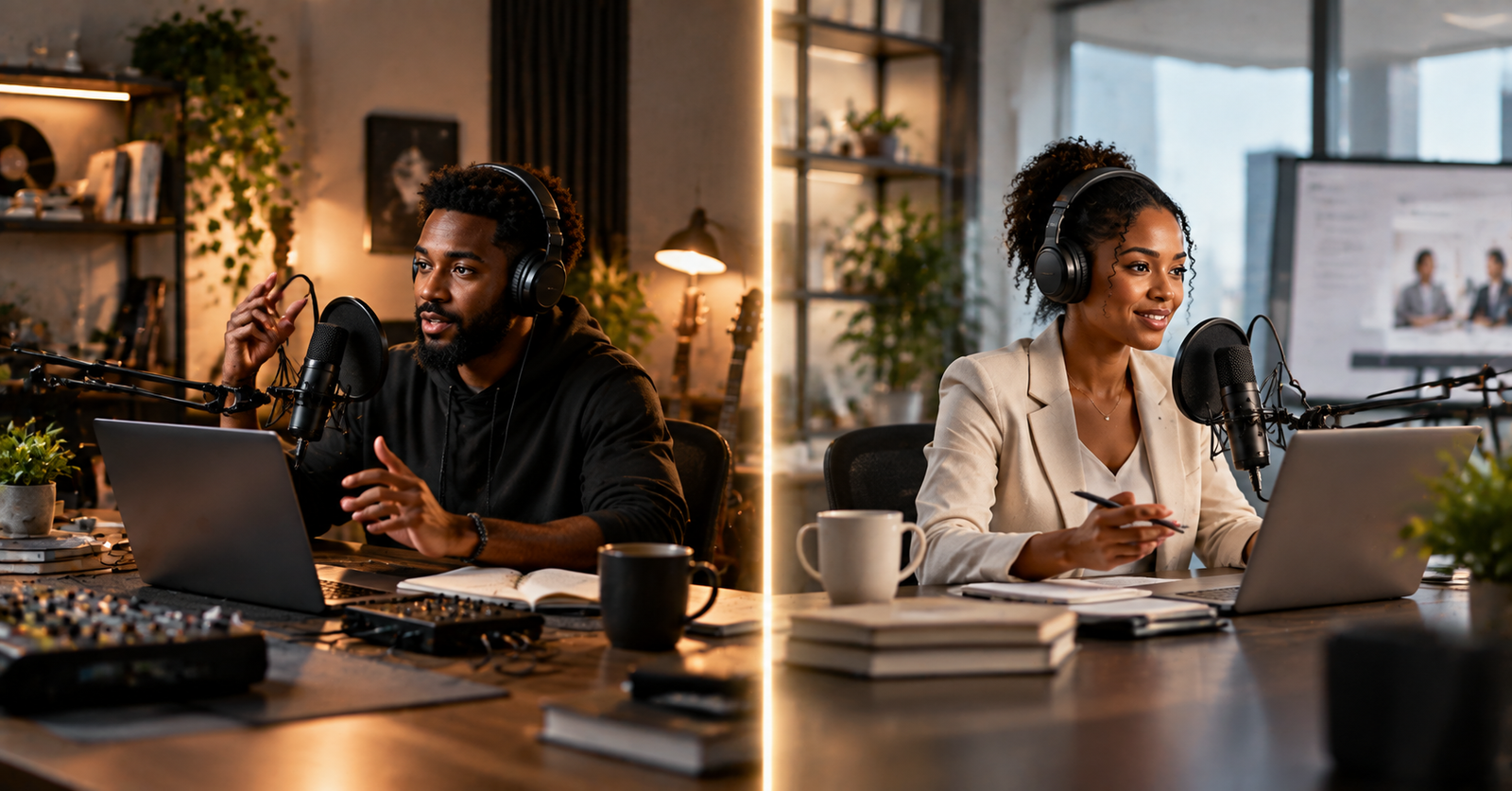 ElevenLabs vs Murf: a podcaster and a corporate trainer at adjoining desks separated by a line of light